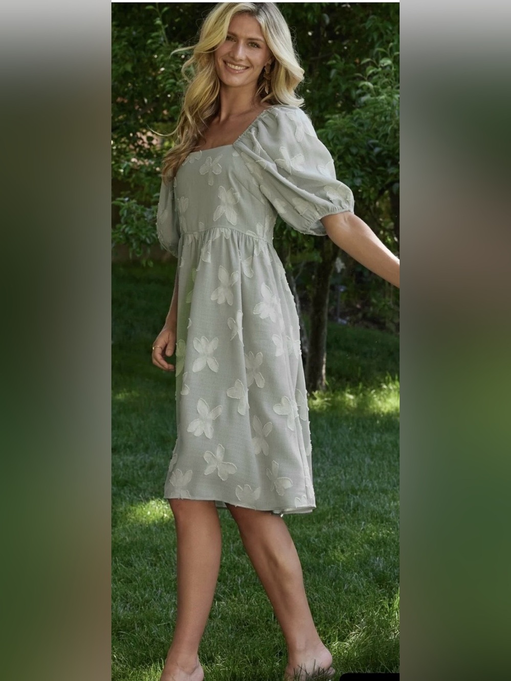 Baltic Born Sage Green Floral Midi Dress with Puff Sleeves. Size M